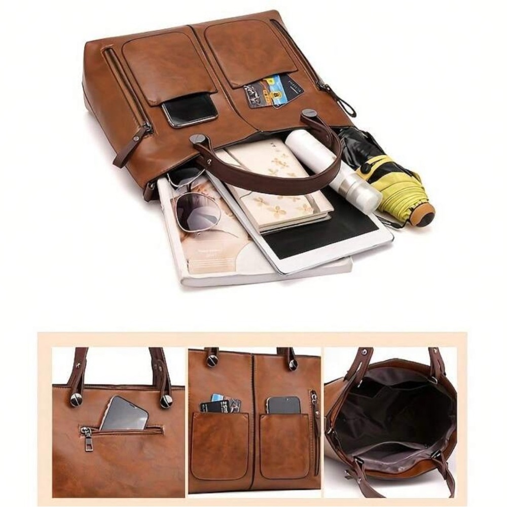 Luxe Brown Zipper Large Tote Shoulder Bag - Picture 5 of 6
